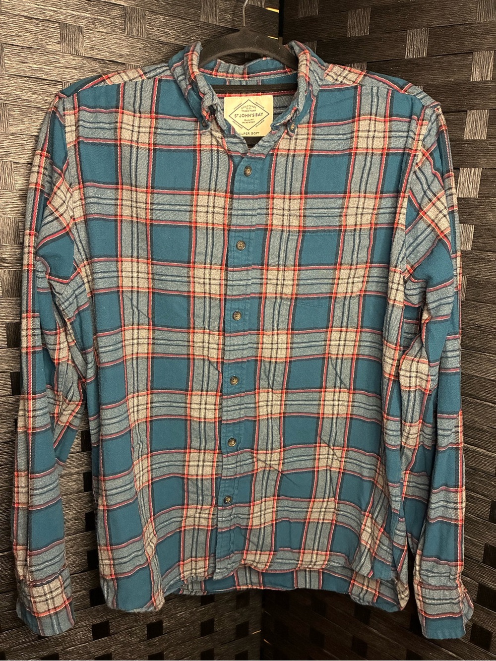 St. John's Bay Teal and White Plaid Super Soft Button-Down Shirt